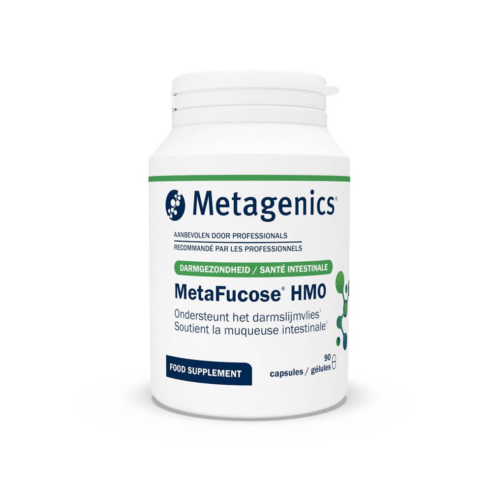 Witte fles met groen etiket. Opschrift: Metagenics MetaFucose HMO. 90 capsules. Voedingssupplement.