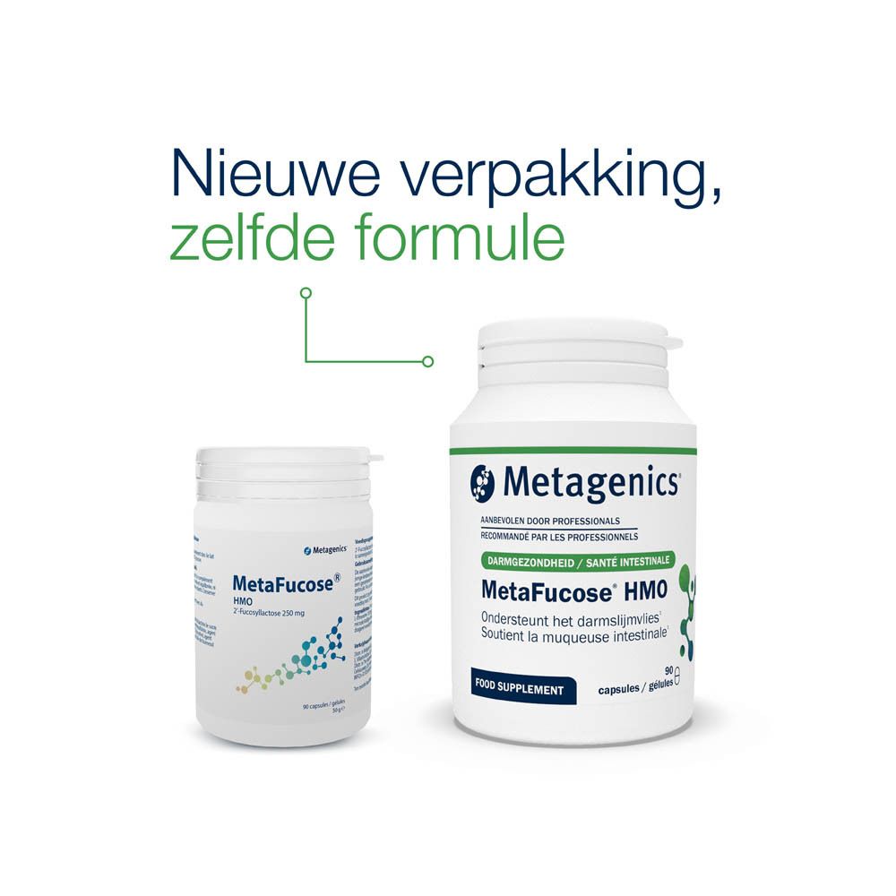 Twee flessen. Links: Metagenics MetaFucose HMO. Rechts: Grotere fles met hetzelfde ontwerp.