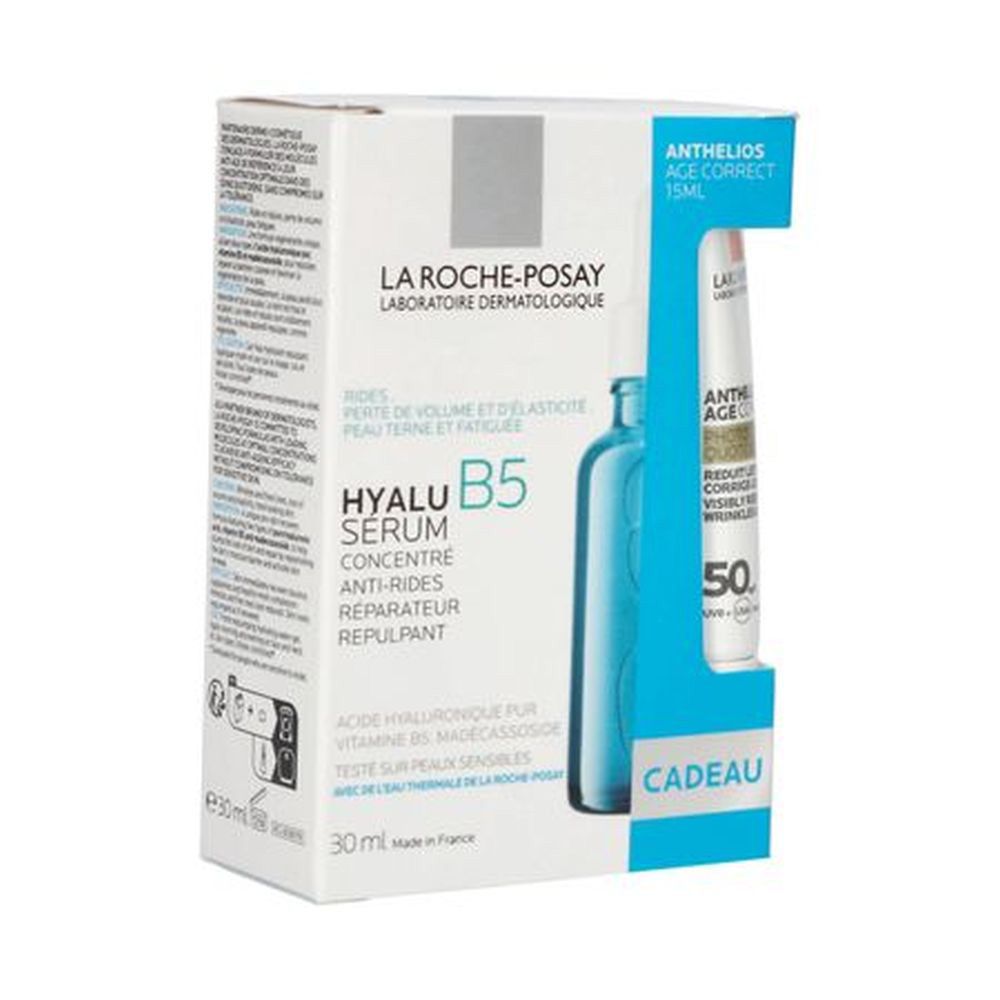 La Roche-Posay Set. Bevat Hyalu B5 Serum en Age Correct. Verpakking met productinformatie en het woord "CADEAU".