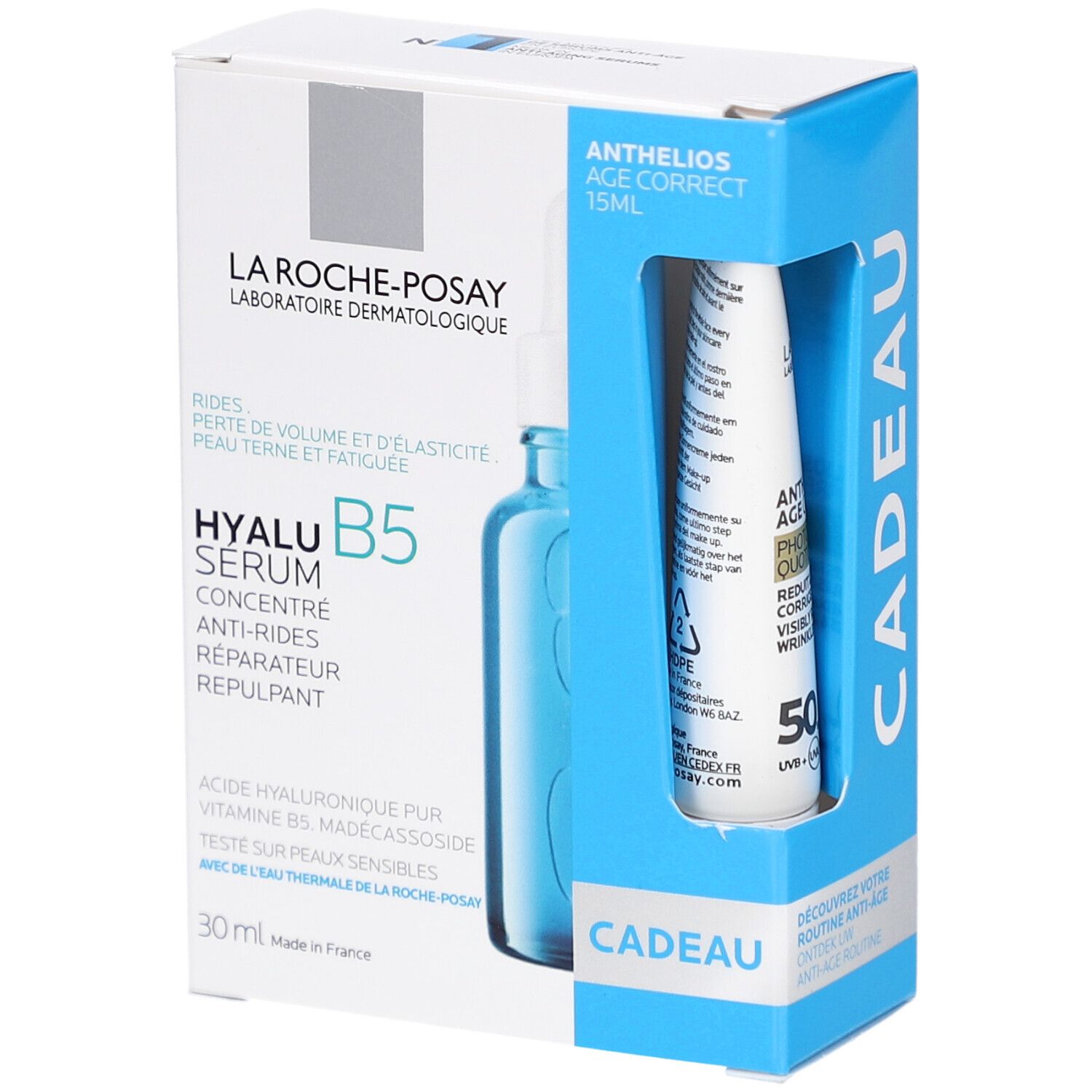 Verpakking met Hyalu B5 Serum en Anthelios Age Correct. Blauw-witte doos met productafbeelding en tekst.