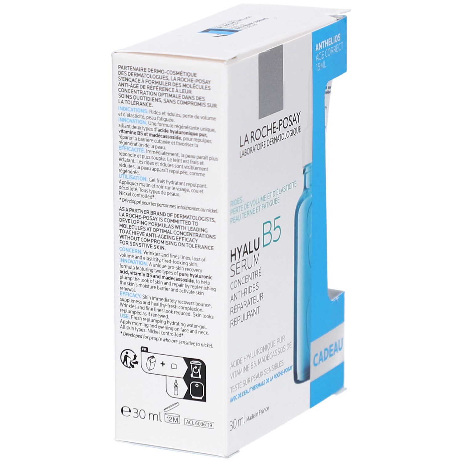 Achterkant van de verpakking met productinformatie en tekst. Wit en blauw, met productillustratie.