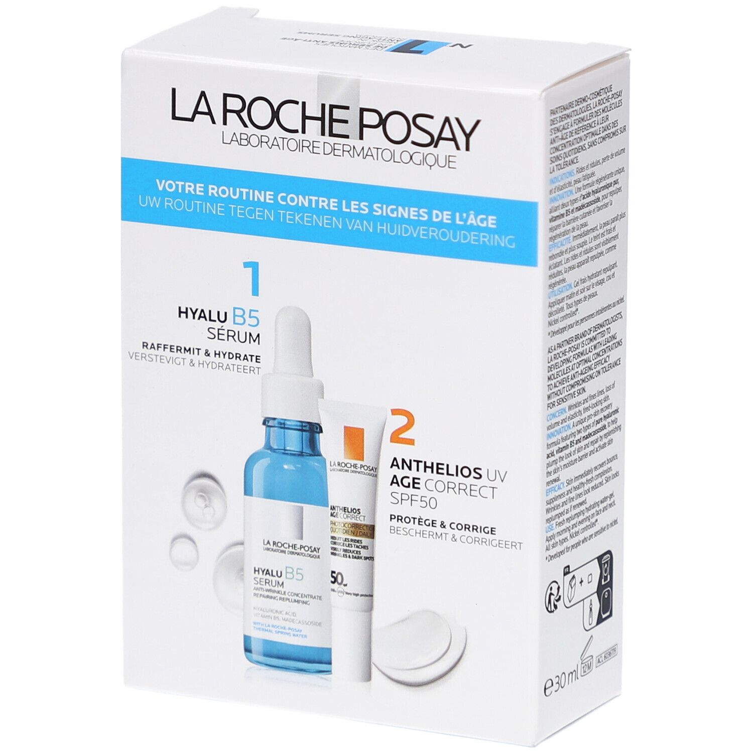 Verpakking met Hyalu B5 Serum, Anthelios UV Age Correct en wattenschijfjes. Wit en blauw, met productillustraties.