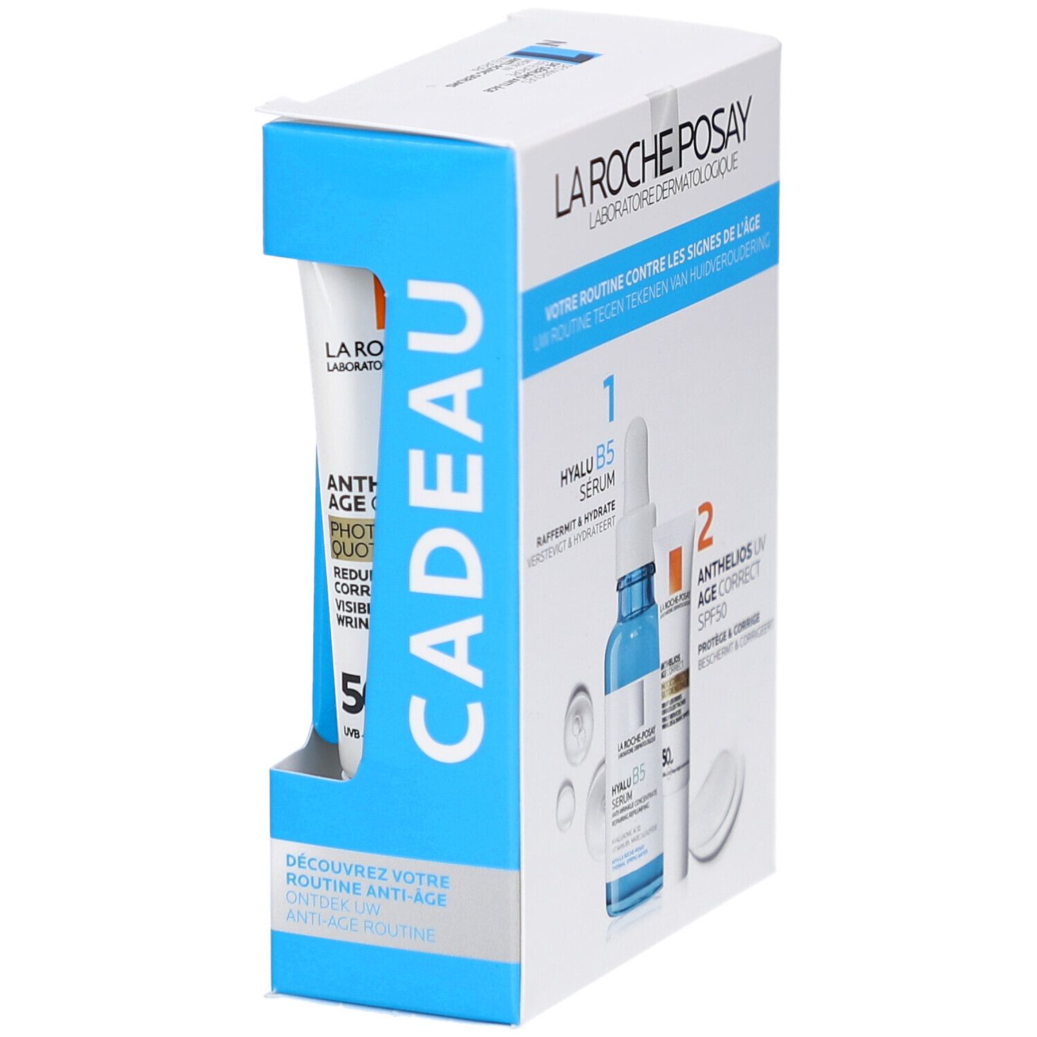 Verpakking met Hyalu B5 Serum en Anthelios Age Correct. Blauw-witte doos met productafbeelding en tekst.