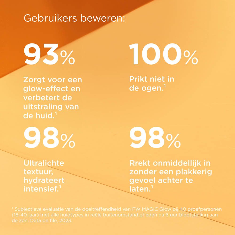 Tekst: Na gebruik, 93% glow-effect, 100% geen oogirritatie.