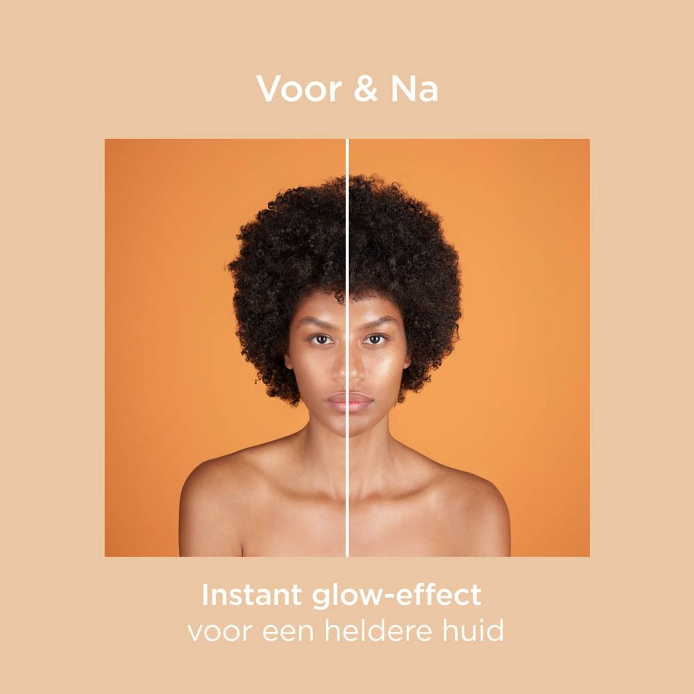 Voor-en-na-afbeelding. Vrouw met en zonder product. Tekst: Instant glow-effect voor een heldere huid.