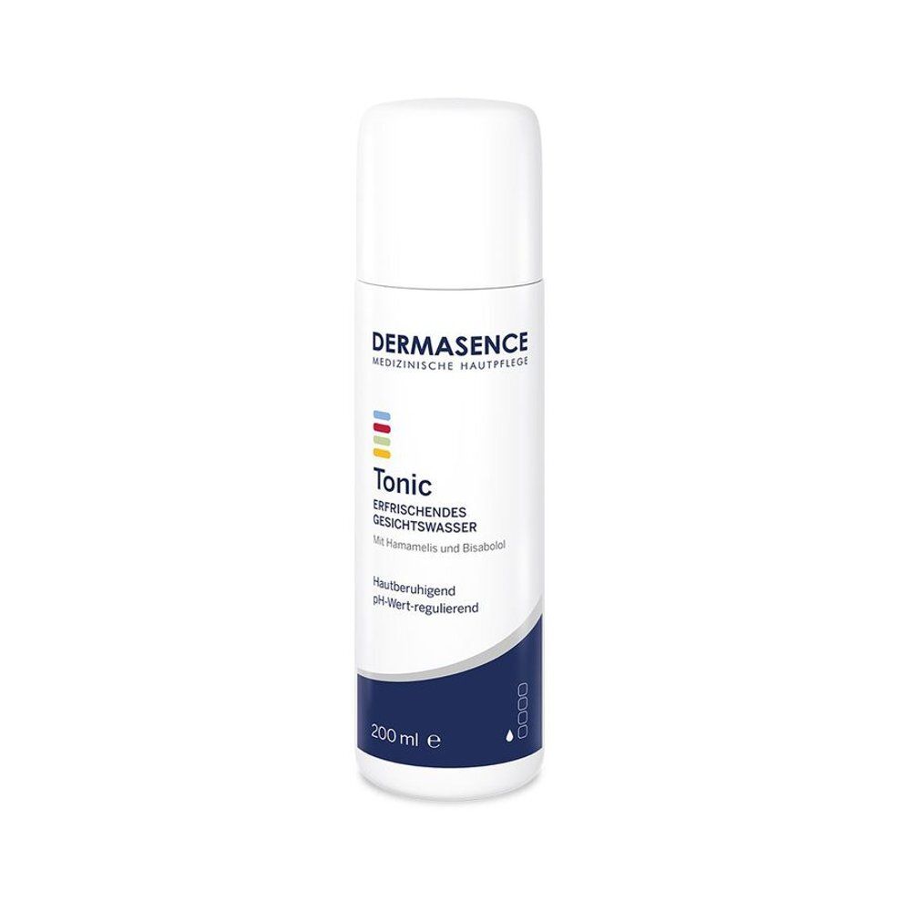 Flacon blanc et bleu avec "Dermasence Tonic". Contient une lotion tonique pour le visage. Volume : 200 ml.