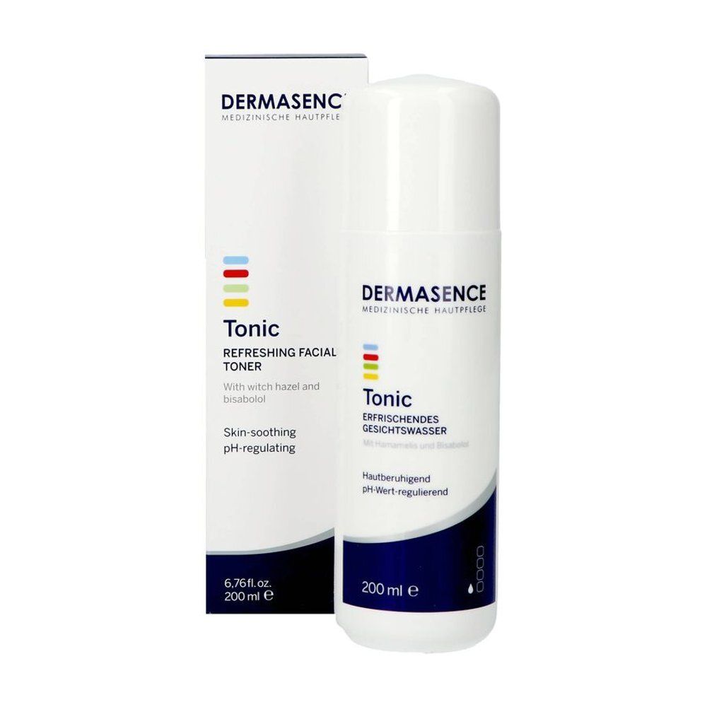 Emballage du produit avec flacon et carton. Inscription "Dermasence Tonic". Contient une lotion tonique. Volume : 200 ml.