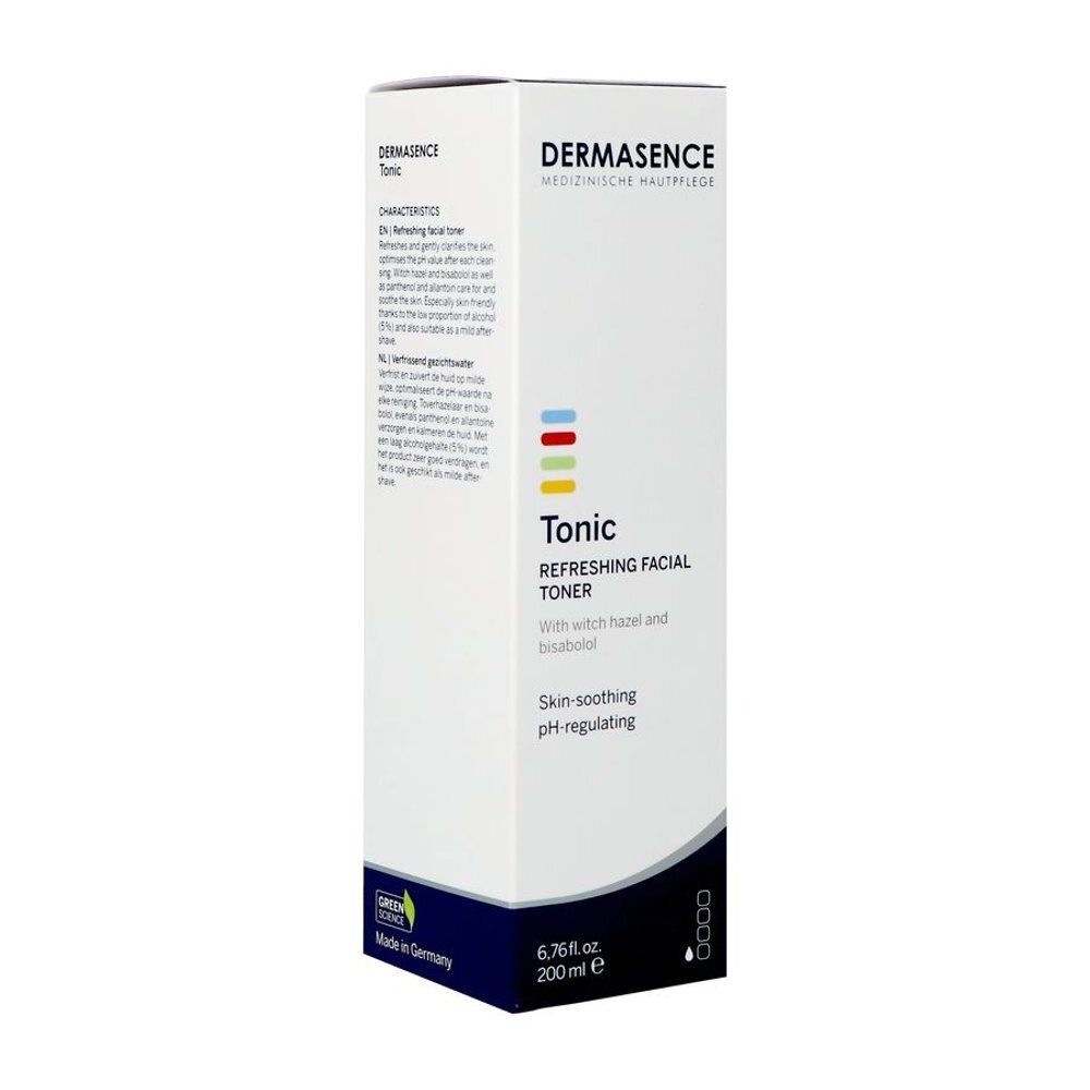 Emballage du produit avec flacon et carton. Inscription "Dermasence Tonic". Contient une lotion tonique. Volume : 200 ml.