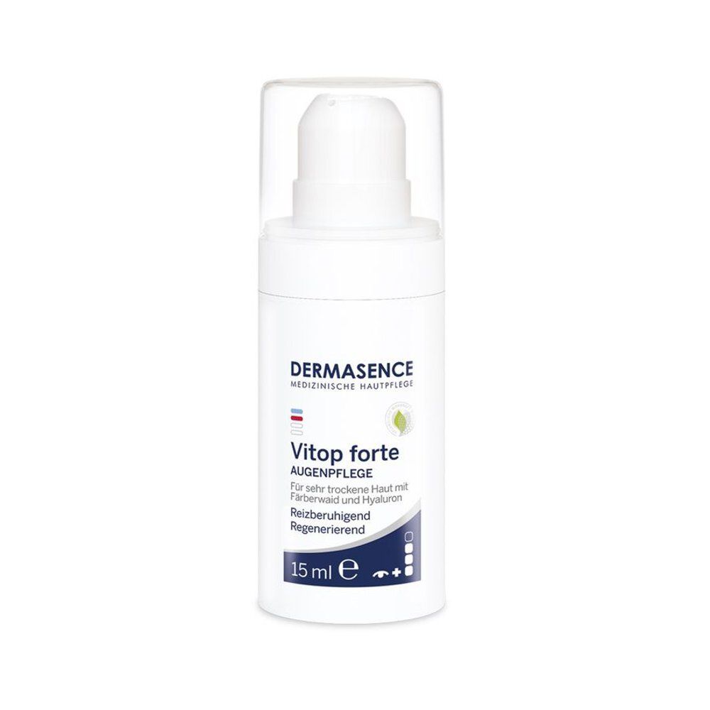 Flacon blanc avec pompe doseuse et bouchon transparent. Inscription: Dermasence Vitop forte Soin Contour des Yeux. 15 ml.