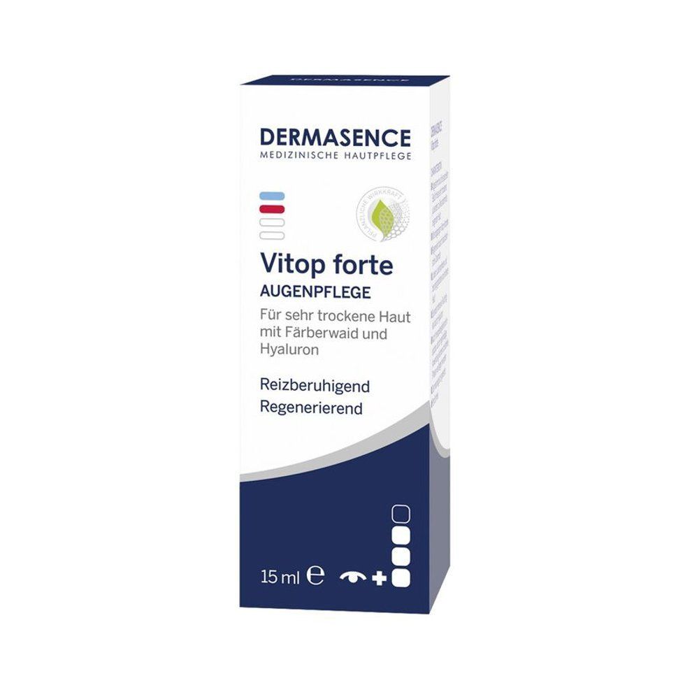 Boîte avec Dermasence Vitop forte Soin Contour des Yeux. Inscription: Pour peau très sèche. 15 ml. Logo et nom du produit.