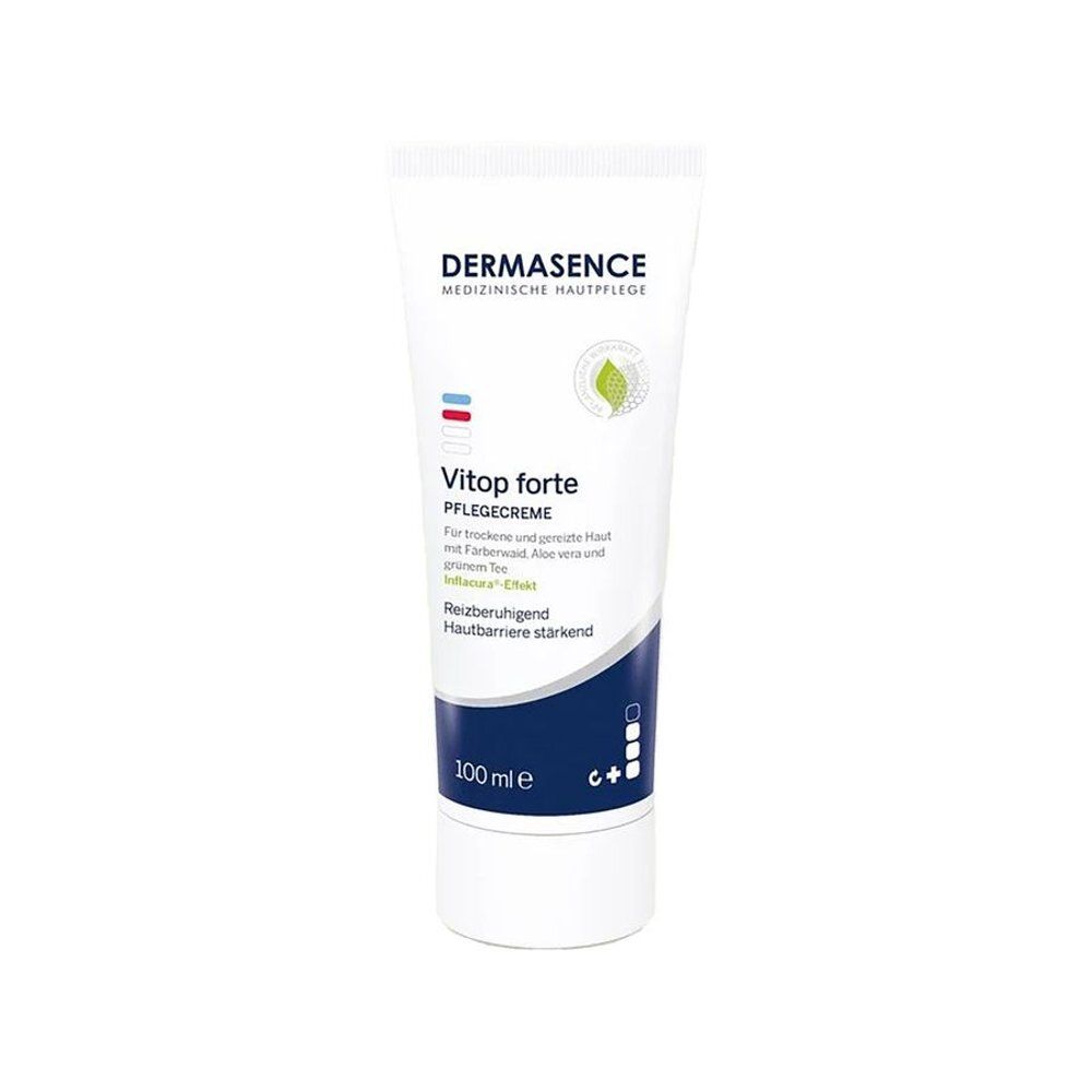 Tube blanche Dermasence Vitop forte Pflegecreme. Bandes bleues et rouges, logo feuille verte. 100 ml.