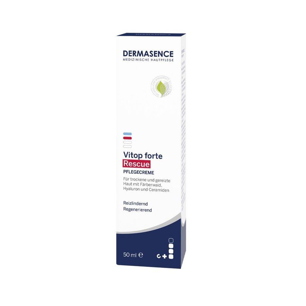 Tube de crème Dermasence Vitop forte Rescue. Blanc, texte rouge et bleu. Contient hyaluron et céramides. 50 ml.