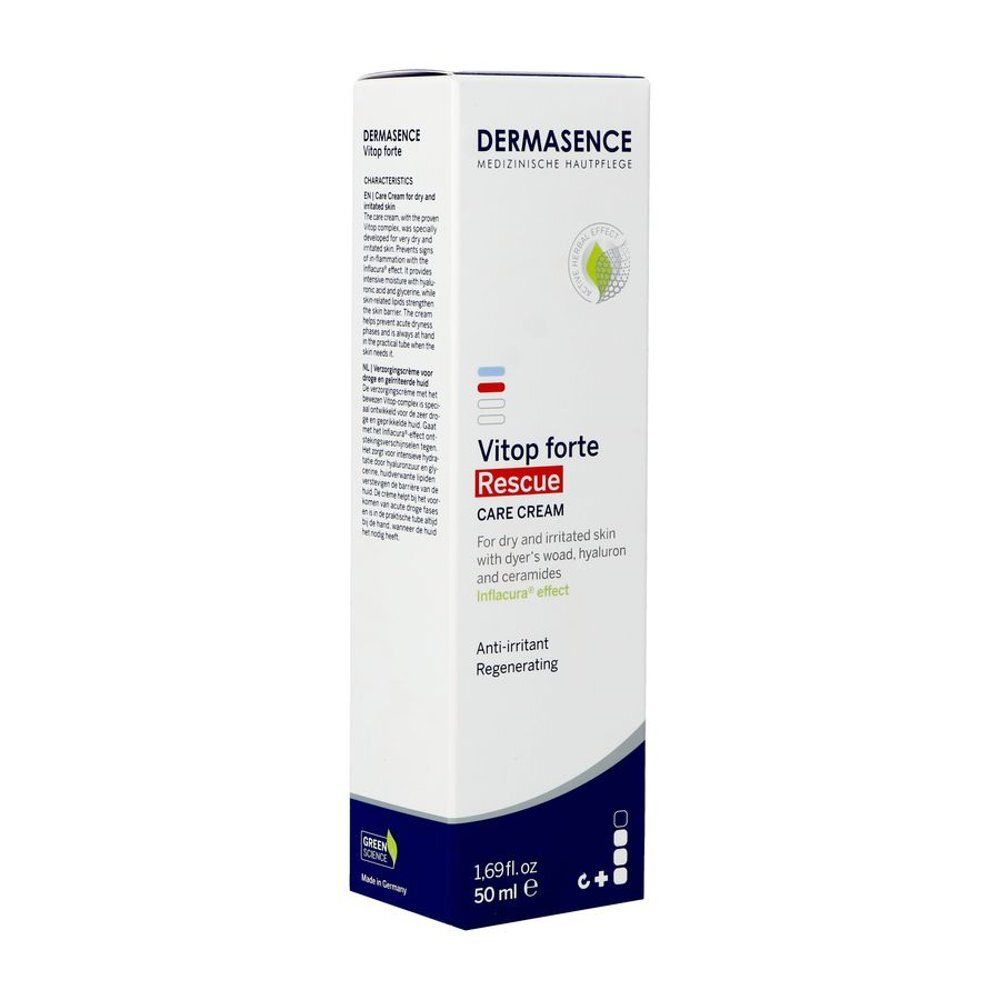 Emballage de crème Dermasence Vitop forte Rescue. Blanc, texte rouge et bleu. 50 ml. Avec label Green Brands.