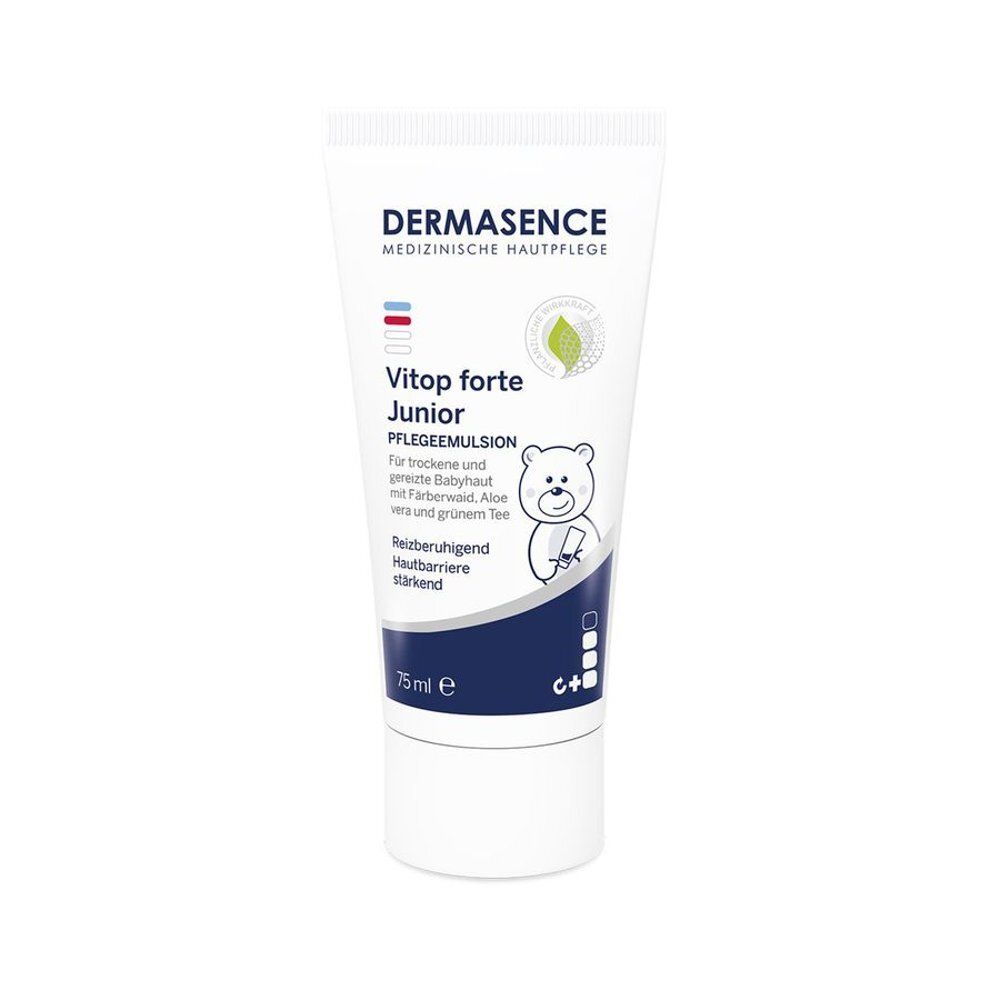 Tube Dermasence Vitop forte Junior, texte blanc, bandes bleues et rouges, illustration d'ours. 75 ml.