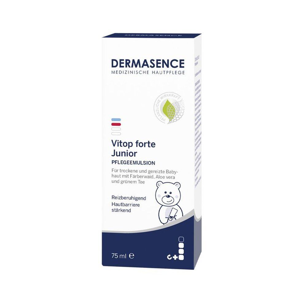 Emballage Dermasence Vitop forte Junior, texte blanc, bandes bleues et rouges, illustration d'ours. 75 ml.