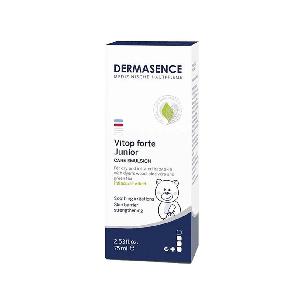 Emballage Dermasence Vitop forte Junior, texte blanc, bandes bleues et rouges, illustration d'ours. 75 ml.