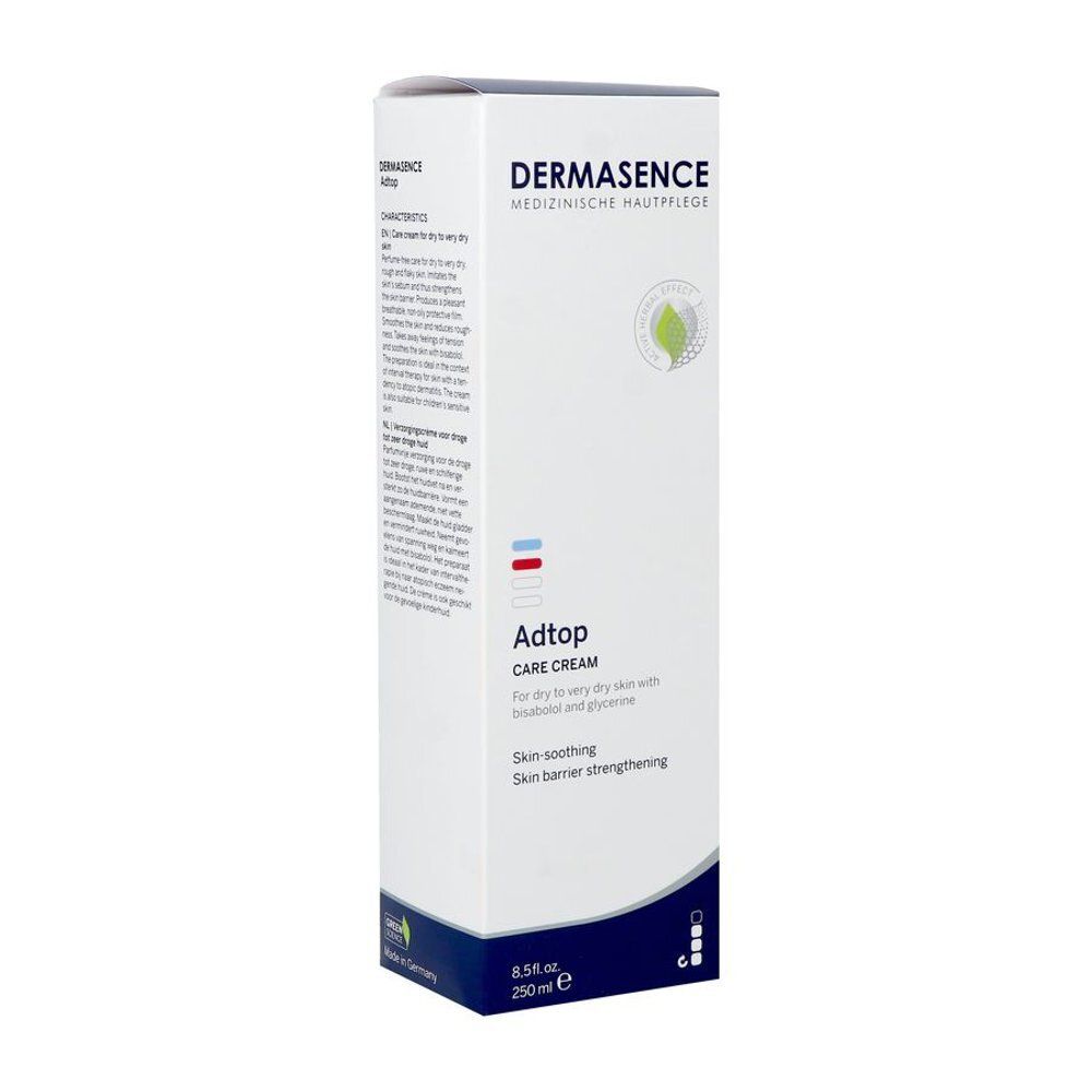 Emballage. Inscription: Dermasence Adtop Care Cream. 250 ml. Fabriqué en Allemagne.