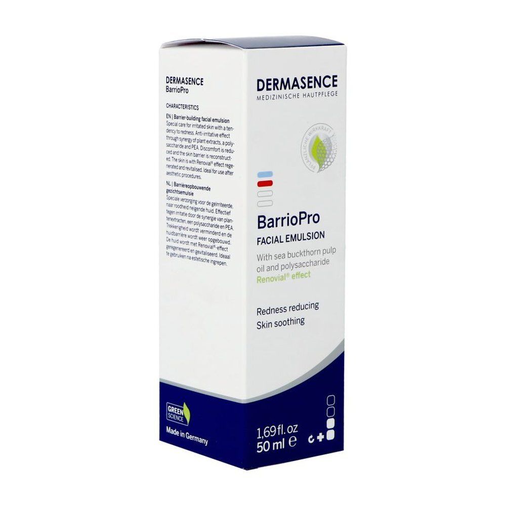 Emballage blanc avec base bleue. Inscription: Dermasence, BarrioPro, Facial Emulsion. 50 ml, 1.69 fl.oz. Fabriqué en Allemagne.