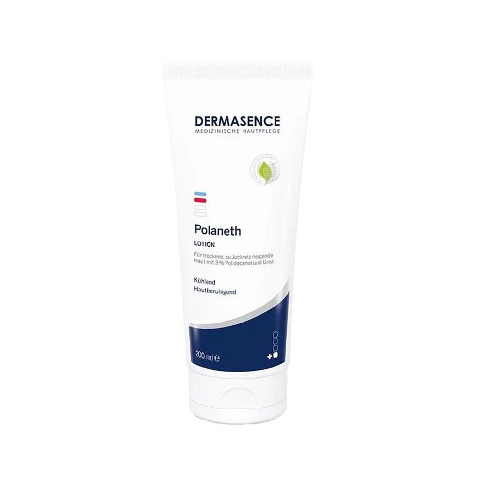 Tube blanche Dermasence Polaneth Lotion. Rayures bleues et rouges, logo feuille verte. Texte: Polaneth Lotion, rafraîchissant, apaisant.