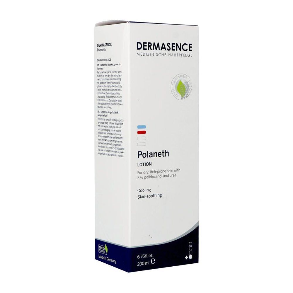 Boîte blanche Dermasence Polaneth Lotion. Rayures bleues et rouges, logo feuille verte. Texte: Polaneth Lotion, rafraîchissant, apaisant.