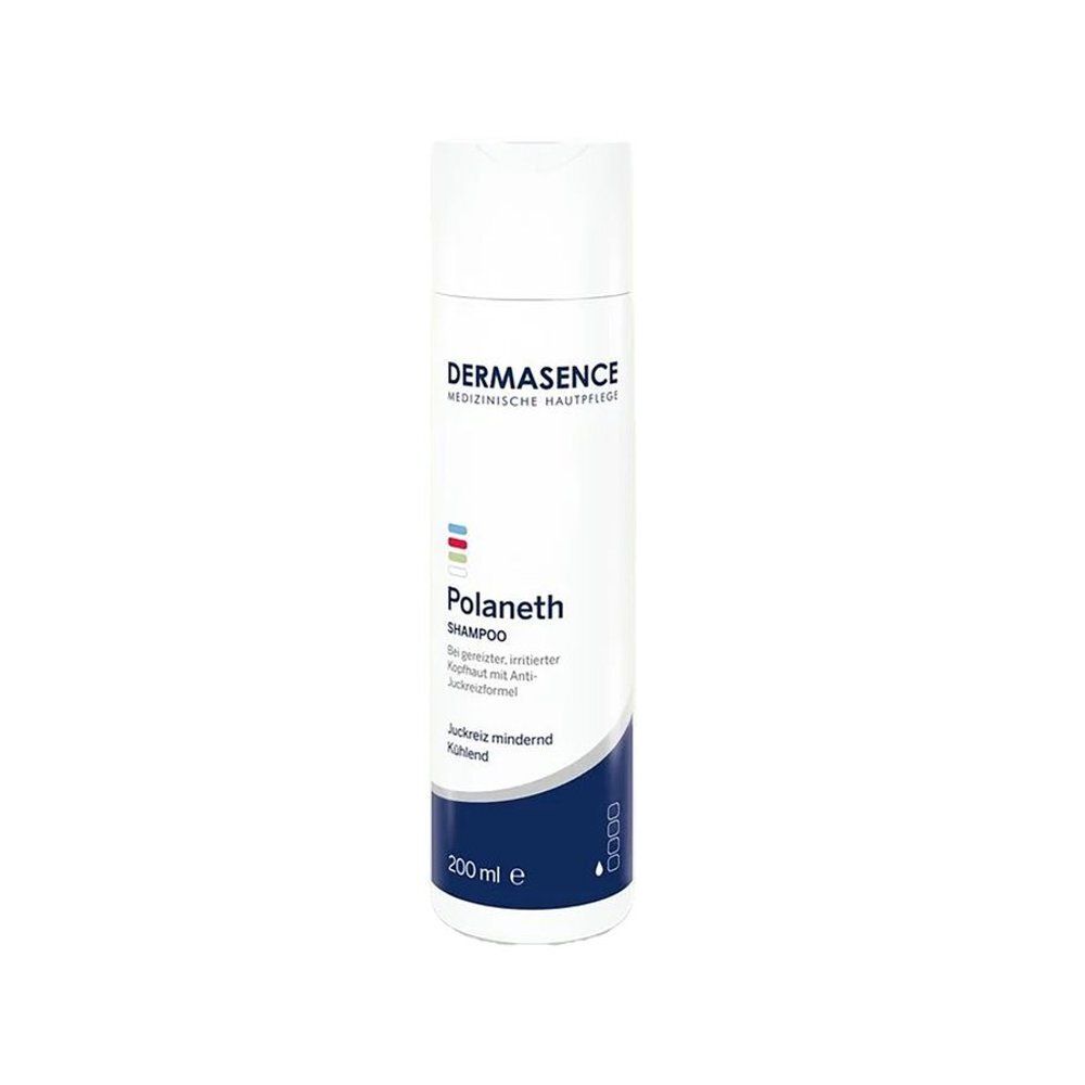 Flacon blanc et bleu Dermasence Polaneth Shampooing. Texte: Shampooing, anti-démangeaisons, rafraîchissant. 200 ml.