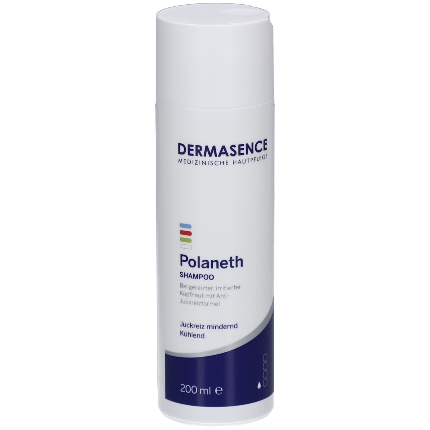 Flacon blanc et bleu Dermasence Polaneth Shampooing. Texte: Shampooing, anti-démangeaisons, rafraîchissant. 200 ml.
