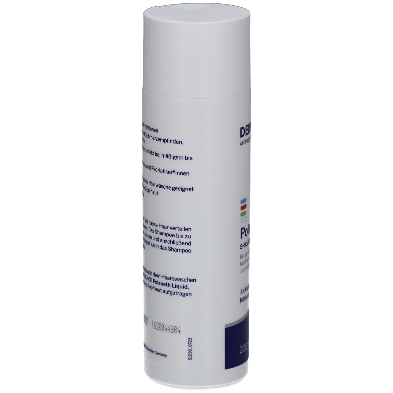 Flacon blanc et bleu Dermasence Polaneth Shampooing. Texte: Shampooing, anti-démangeaisons, rafraîchissant. 200 ml.