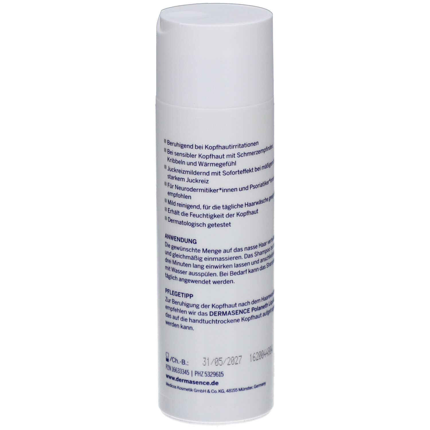 Flacon blanc et bleu Dermasence Polaneth Shampooing. Texte: Shampooing, anti-démangeaisons, rafraîchissant. 200 ml.