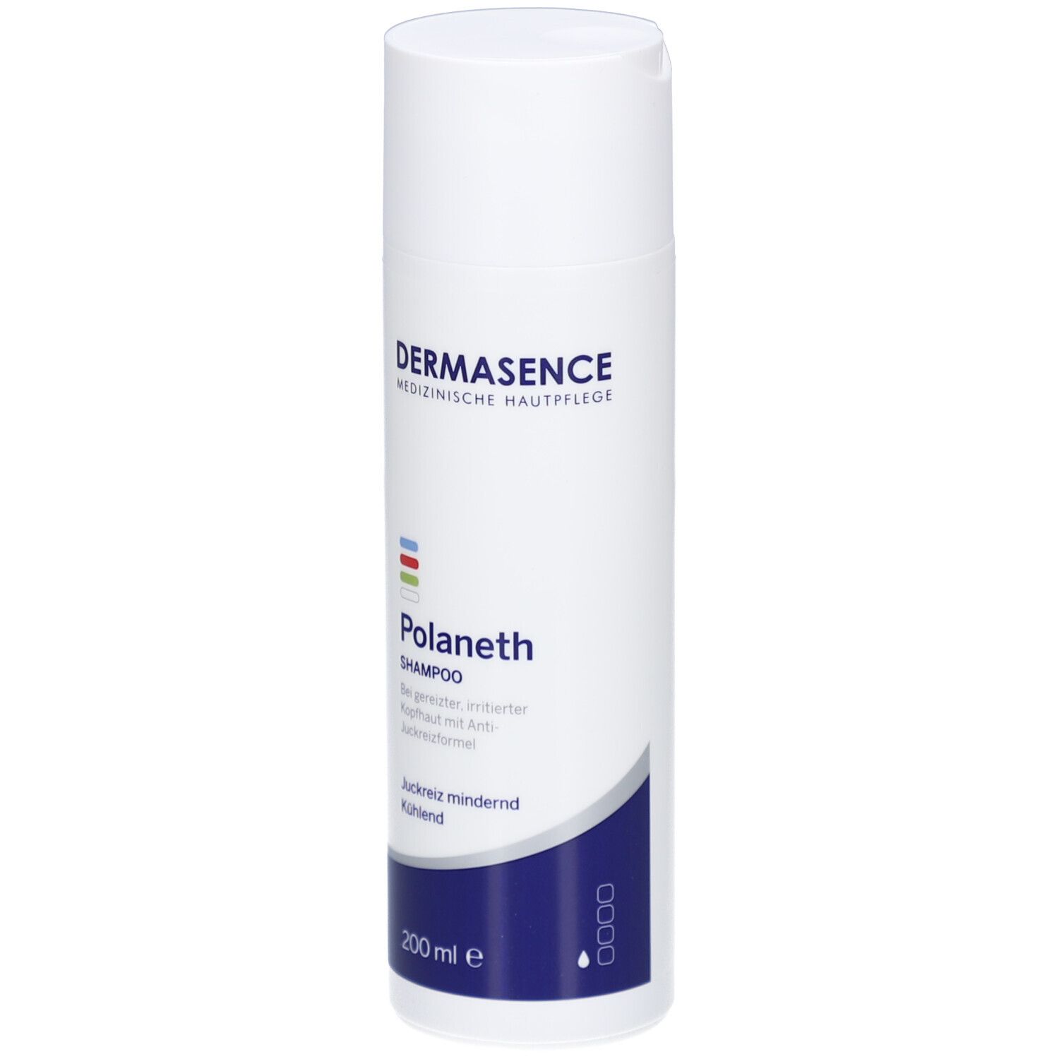 Flacon blanc et bleu Dermasence Polaneth Shampooing. Texte: Shampooing, anti-démangeaisons, rafraîchissant. 200 ml.