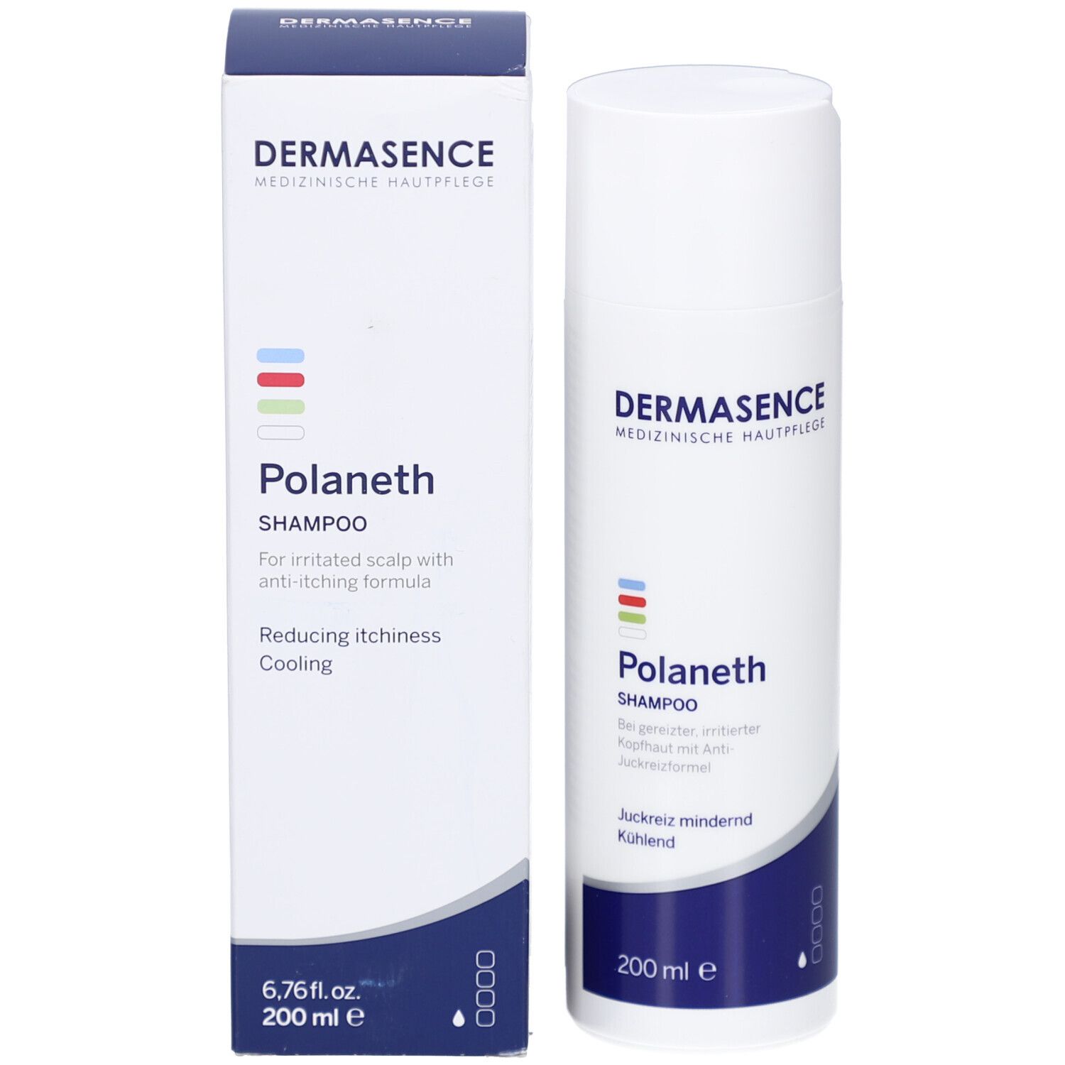 Dermasence Polaneth Shampoo, flacon et emballage. Texte: Shampooing, contre le cuir chevelu qui démange, rafraîchissant. 200 ml.