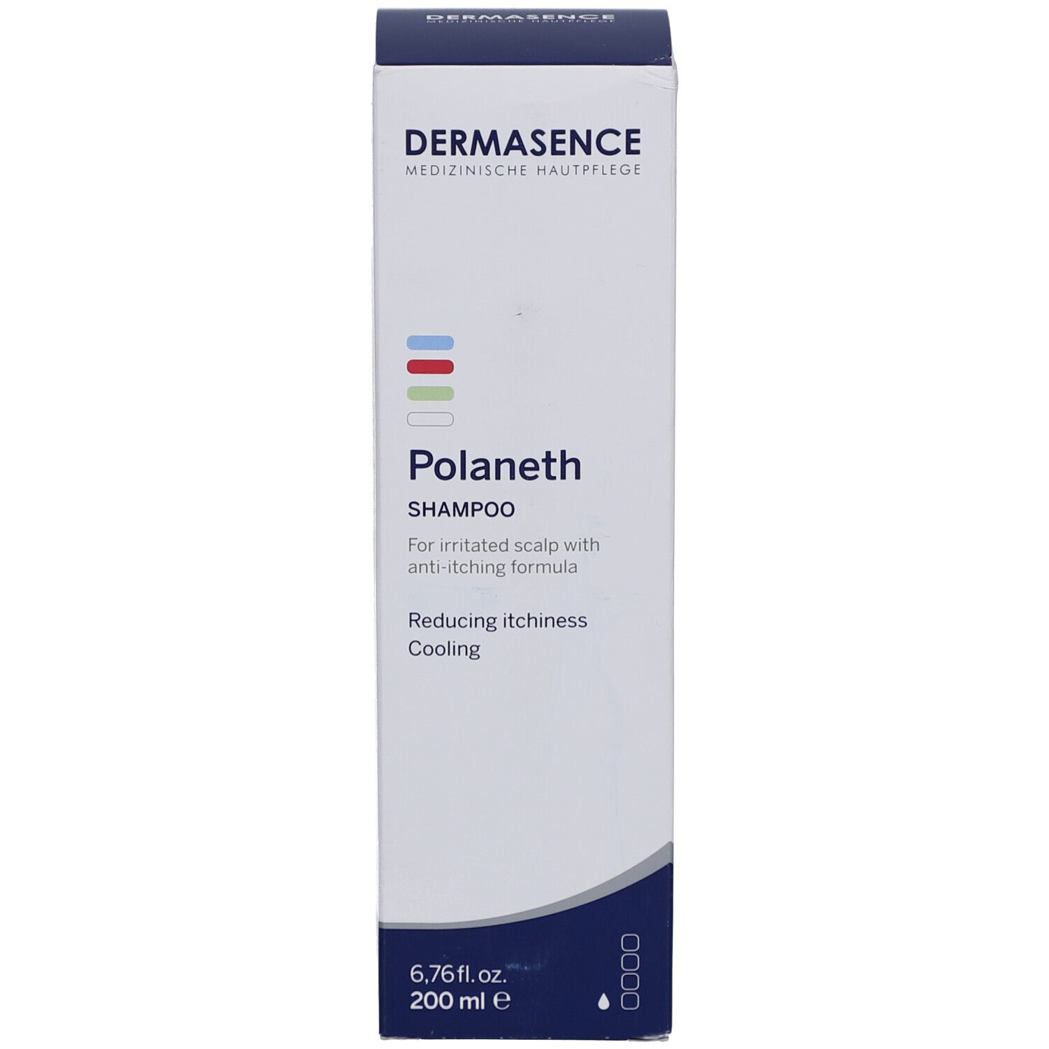 Emballage blanc Dermasence Polaneth Shampooing. Texte: Shampooing, contre le cuir chevelu qui démange, rafraîchissant. 200 ml.