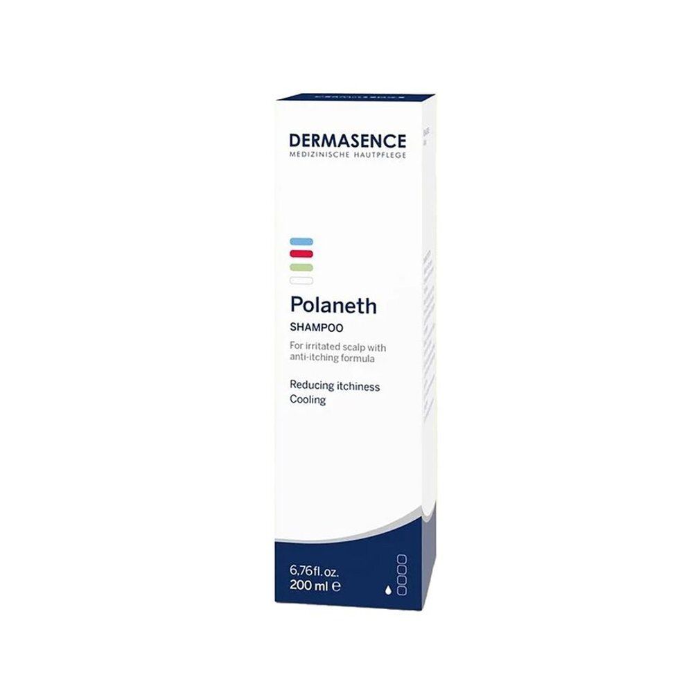 Emballage blanc Dermasence Polaneth Shampooing. Texte: Shampooing, contre le cuir chevelu qui démange, rafraîchissant. 200 ml.