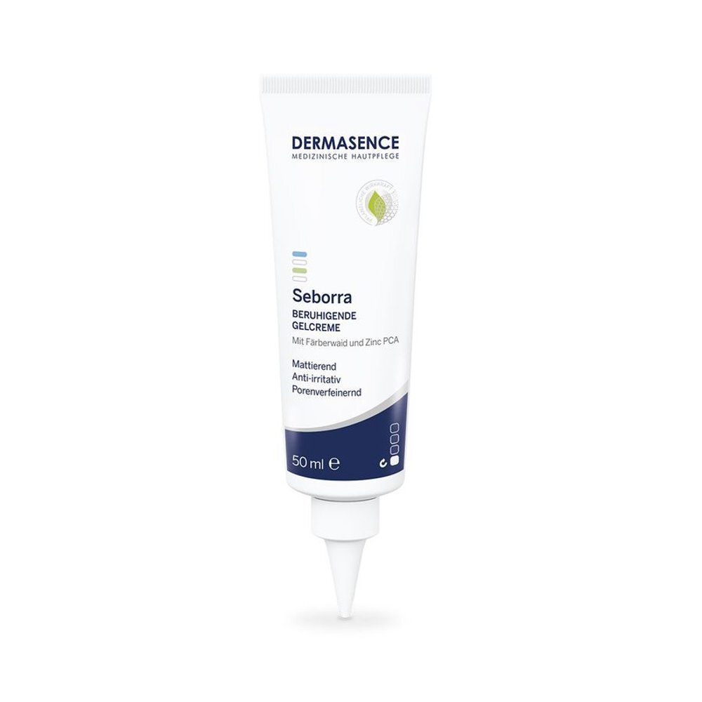 Tube de gel-crème Dermasence Seborra. Blanc, avec texte bleu et vert. Contient 50 ml.