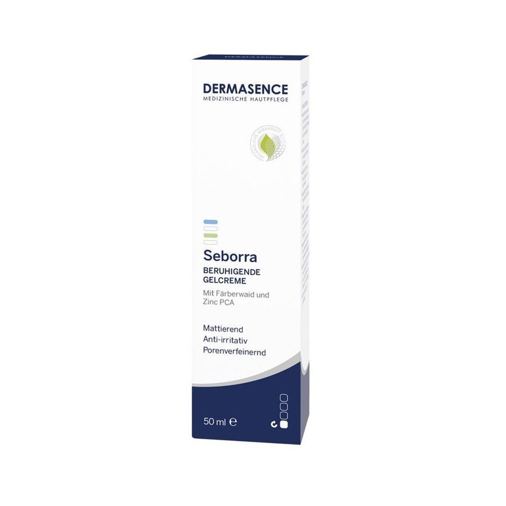Emballage de gel-crème Dermasence Seborra. Blanc, texte bleu et vert. 50 ml.