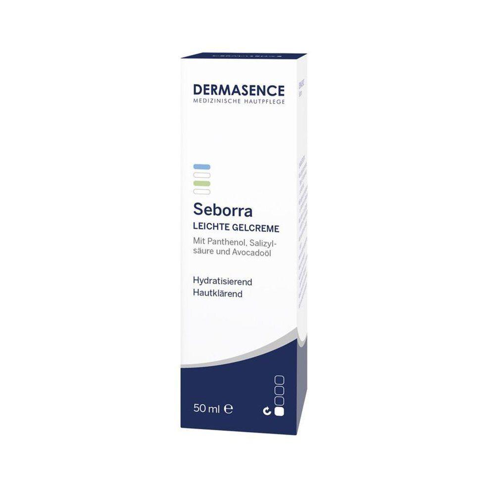 Emballage blanc avec produit. Inscription: Dermasence, Seborra, gel-crème léger. Accents bleus et verts. 50 ml.
