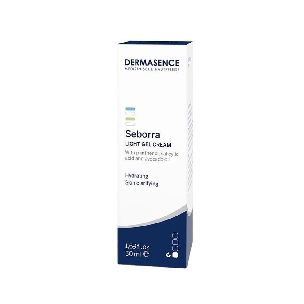 Emballage blanc avec produit. Inscription: Dermasence, Seborra, Light Gel Cream. Accents bleus et verts. 50 ml.