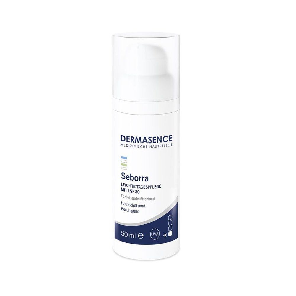 Witte fles met etiket. Opschrift: Dermasence, Seborra, Lichte Dagcrème met SPF 30. 50 ml.