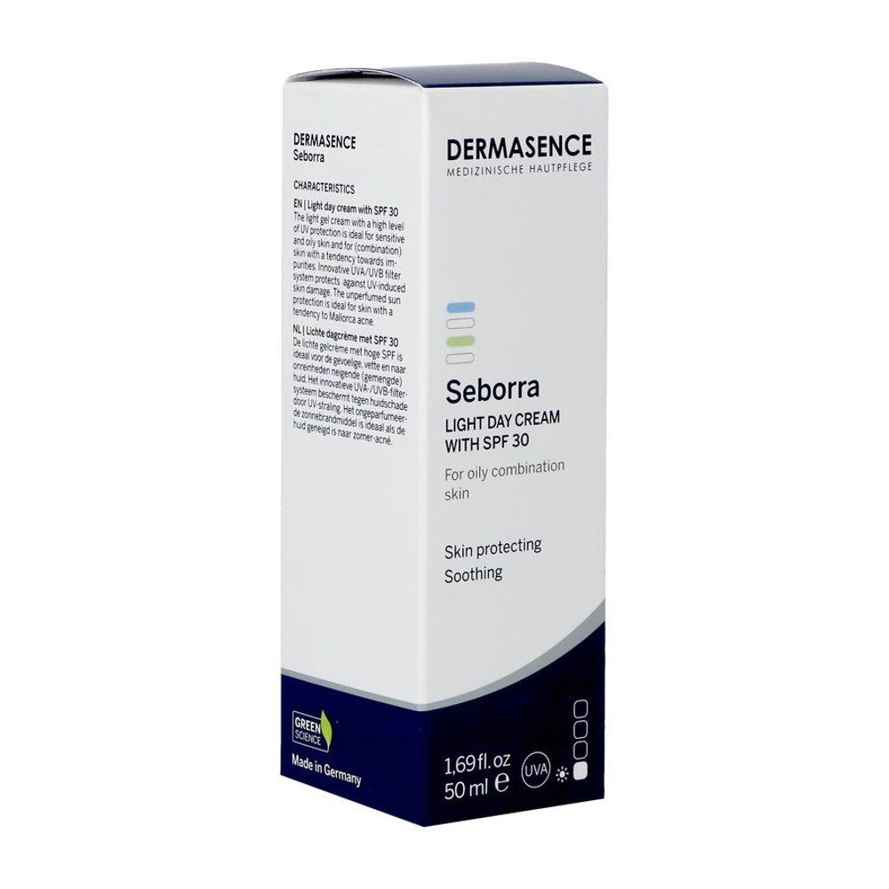 Productverpakking. Opschrift: Dermasence, Seborra, Light Day Cream with SPF 30. 50 ml. Met Green Seal logo.
