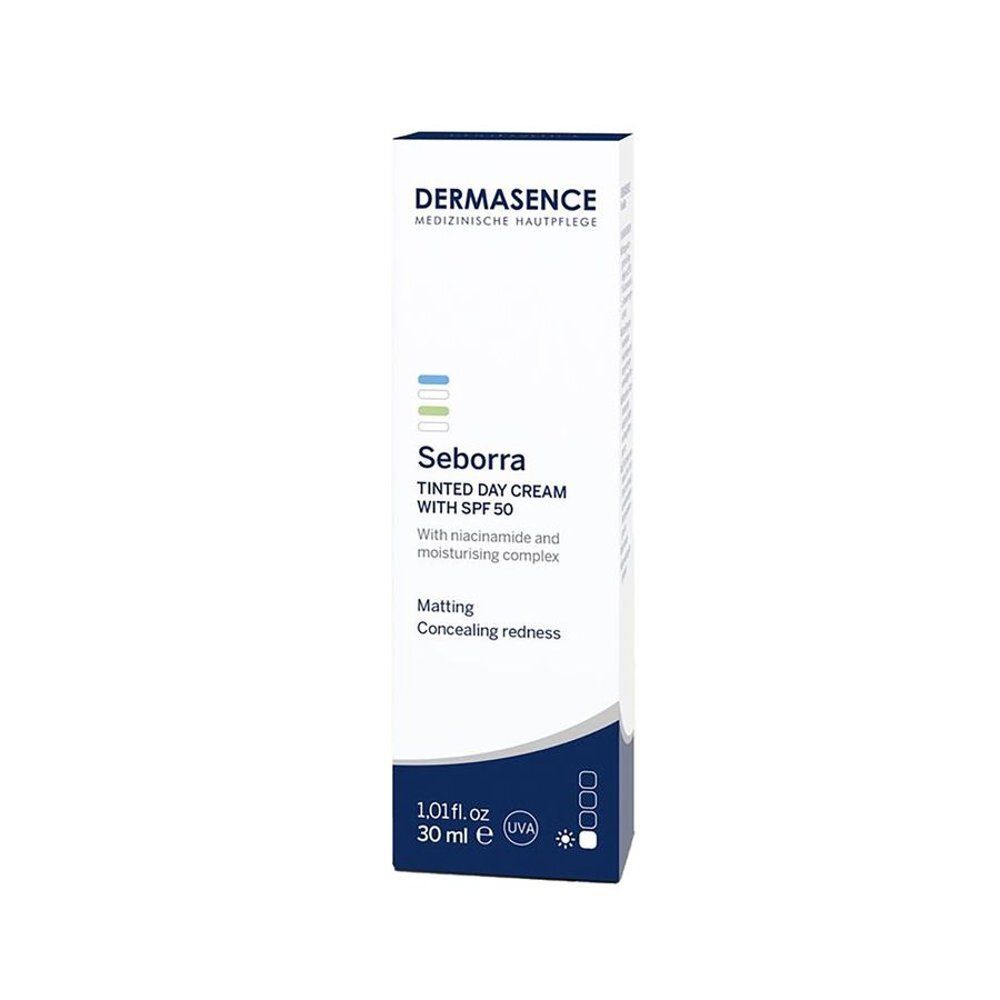 Witte verpakking Dermasence Seborra. Getinte dagcrème SPF50. Tekst zichtbaar. 30 ml. UVA-zegel.