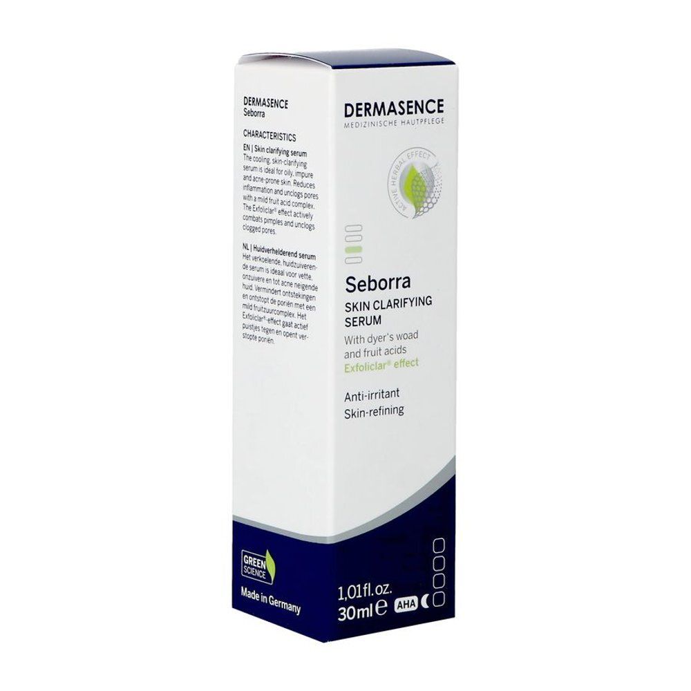 Vue latérale de la boîte Dermasence Seborra. Inscription: Seborra Skin Clarifying Serum, 30ml, AHA, BHA.