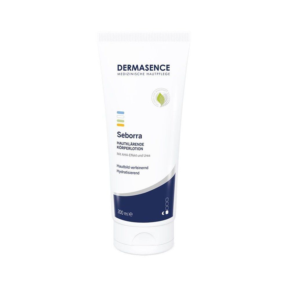 Tube blanche avec nom et logo du produit. Texte: Seborra, lotion corporelle purifiante. 200 ml.