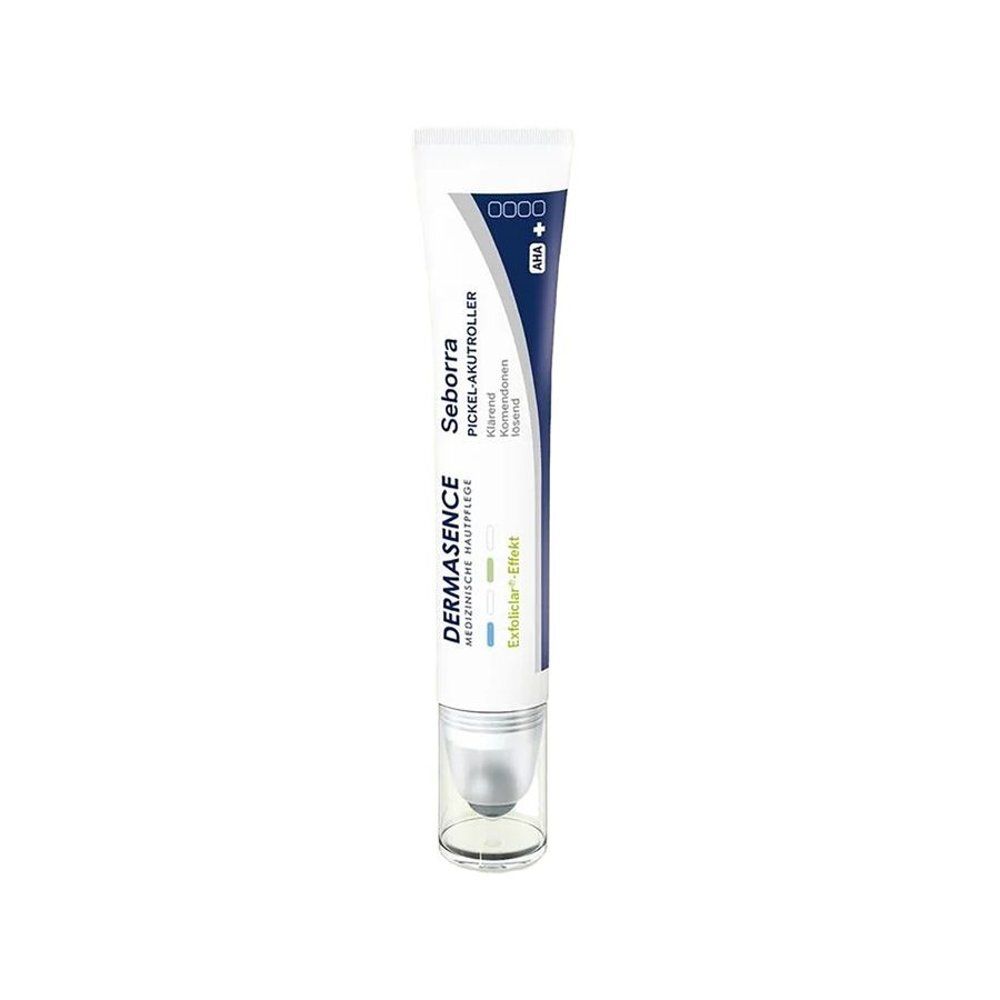 Tube blanche et bleue avec applicateur roll-on. Inscription : Dermasence, Seborra, anti-boutons.