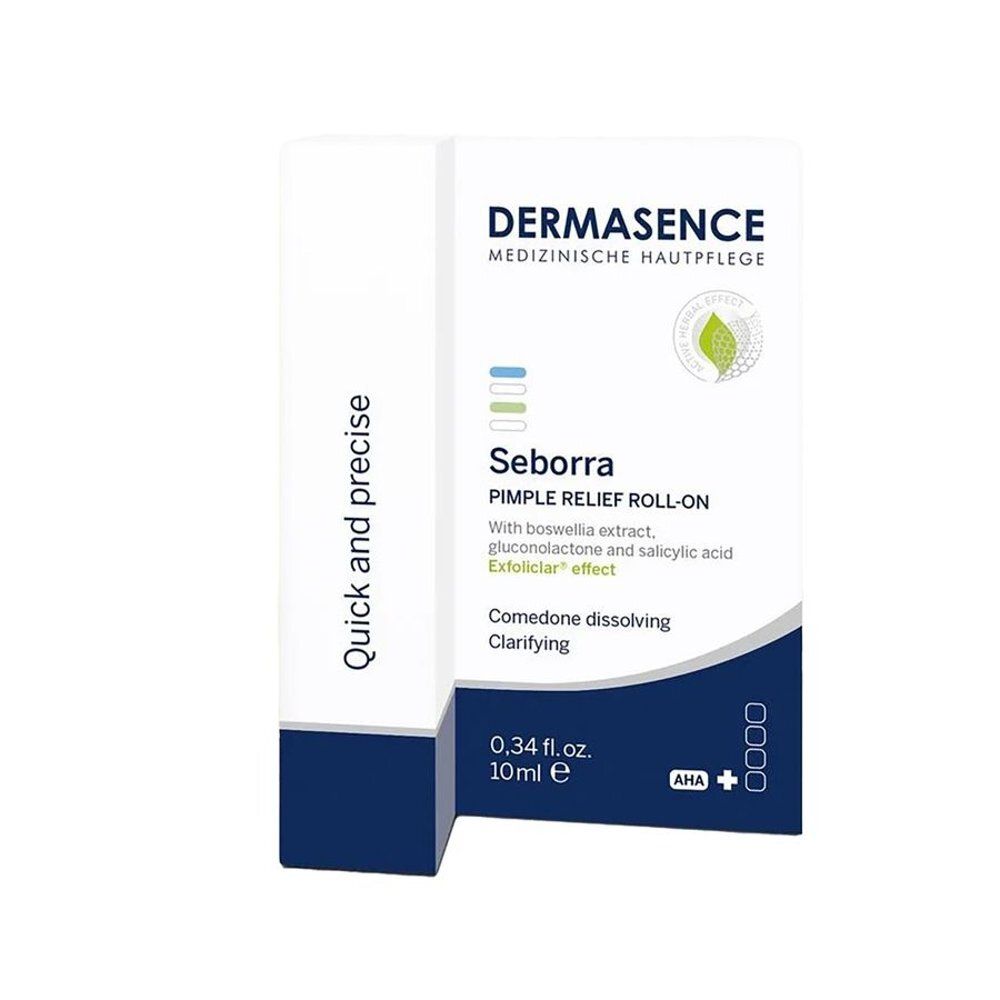 Emballage blanc avec nom du produit et ingrédients. Inscription : Dermasence, Seborra, Pimple Relief Roll-On.