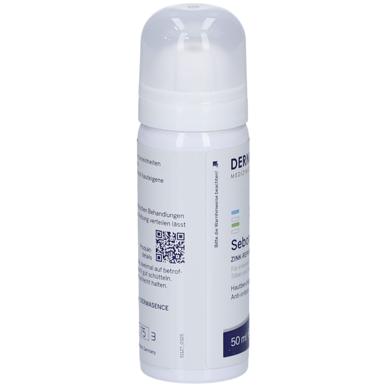 Witte fles met klapdeksel. Opschrift: Dermasence, Seborra Zink-Repairschaum. 50 ml.