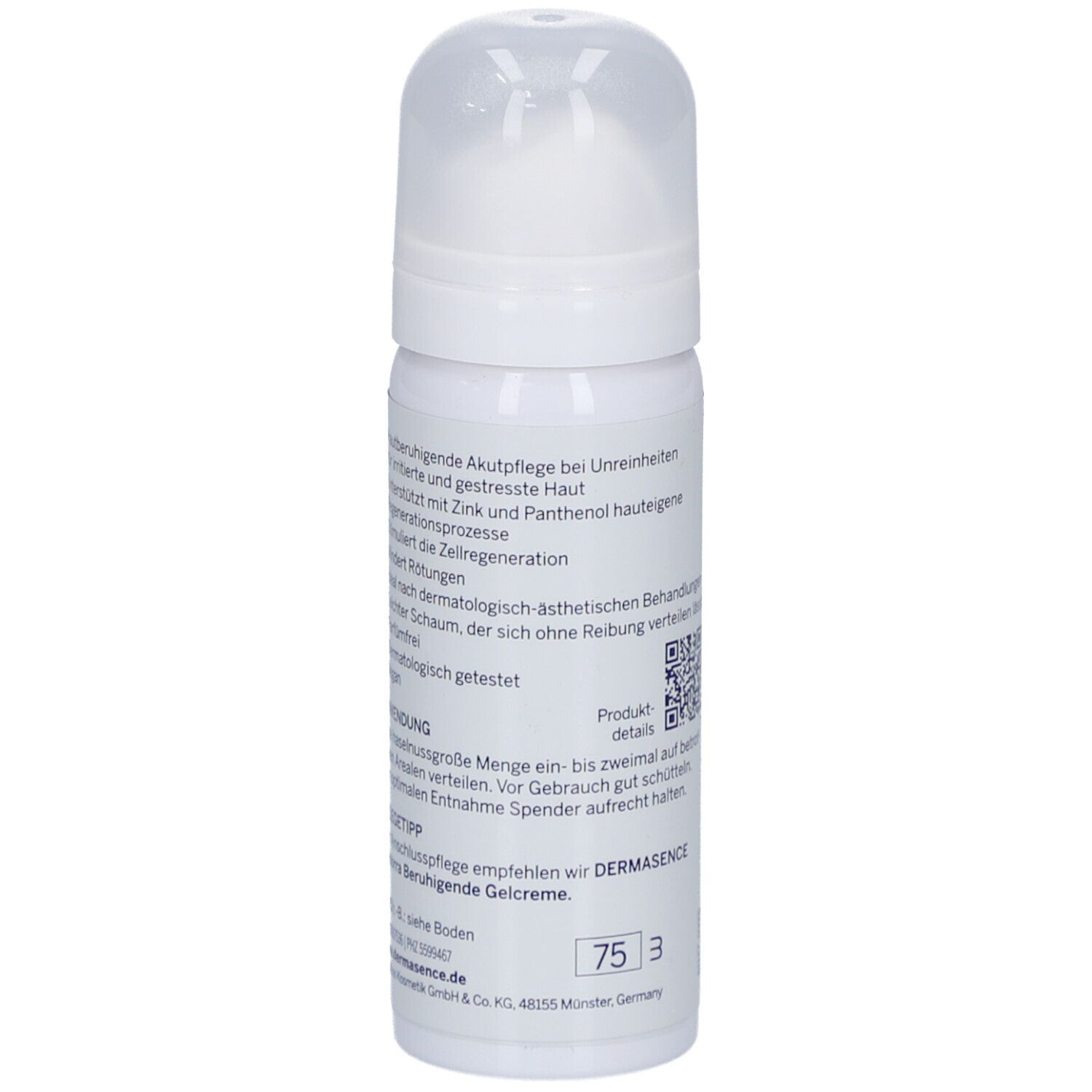 Achterkant van de witte fles met klapdeksel. Tekst en QR-code. 50 ml.