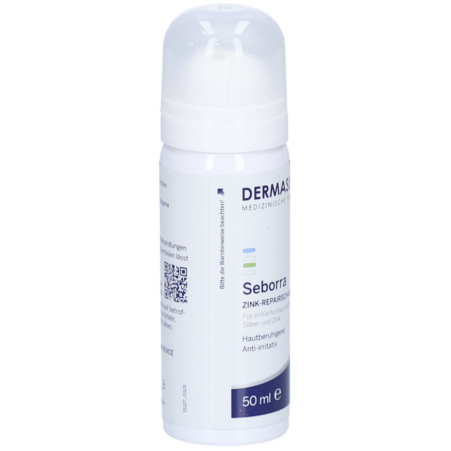 Achterkant van de witte fles met klapdeksel. Tekst en QR-code. 50 ml.