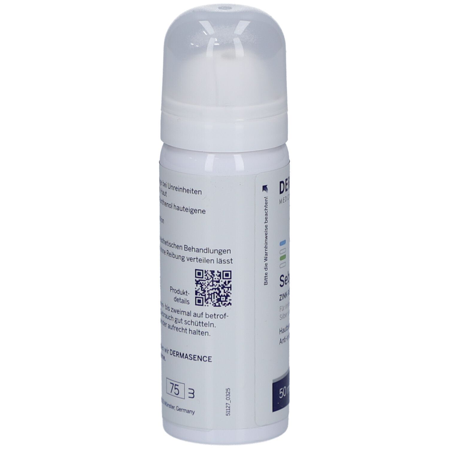 Achterkant van de witte fles met klapdeksel. Tekst en QR-code. 50 ml.