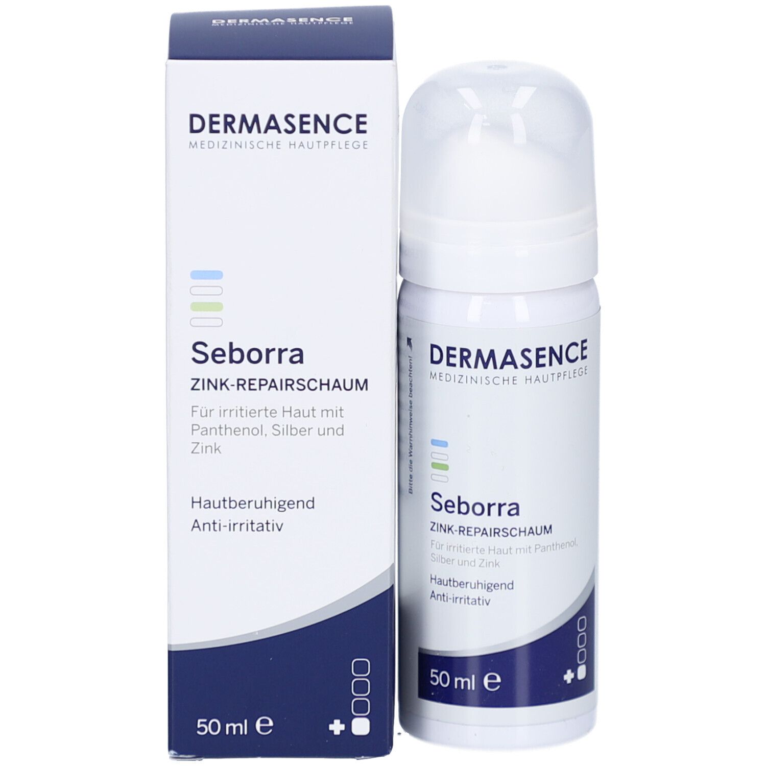 Verpakking en fles van Dermasence Seborra Zink-Repairschaum. 50 ml.