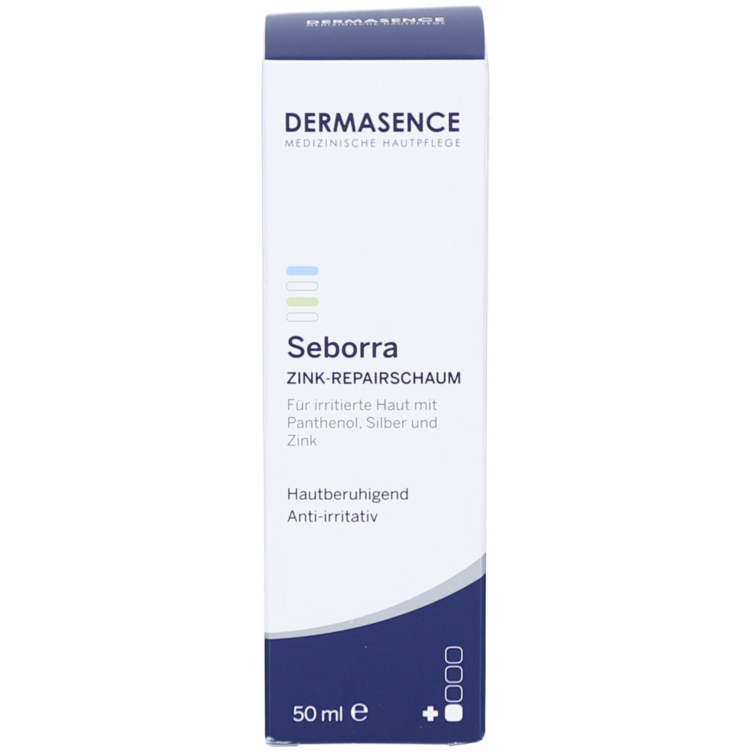 Verpakking van Dermasence Seborra Zink-Repairschaum. Wit, blauw en grijs. 50 ml.