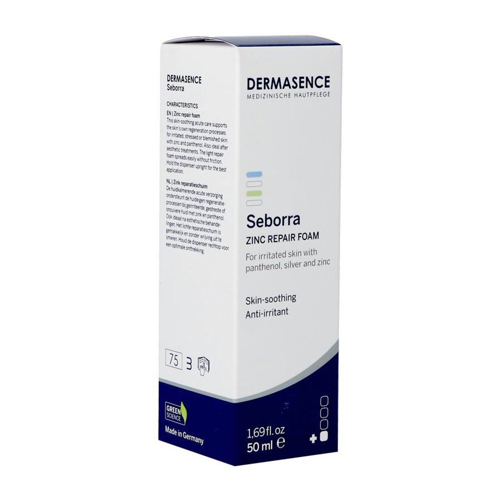 Verpakking van Dermasence Seborra. Tekst: Zink-Repairschaum, 50 ml, 1.69 fl.oz. Met kwaliteitslabels.